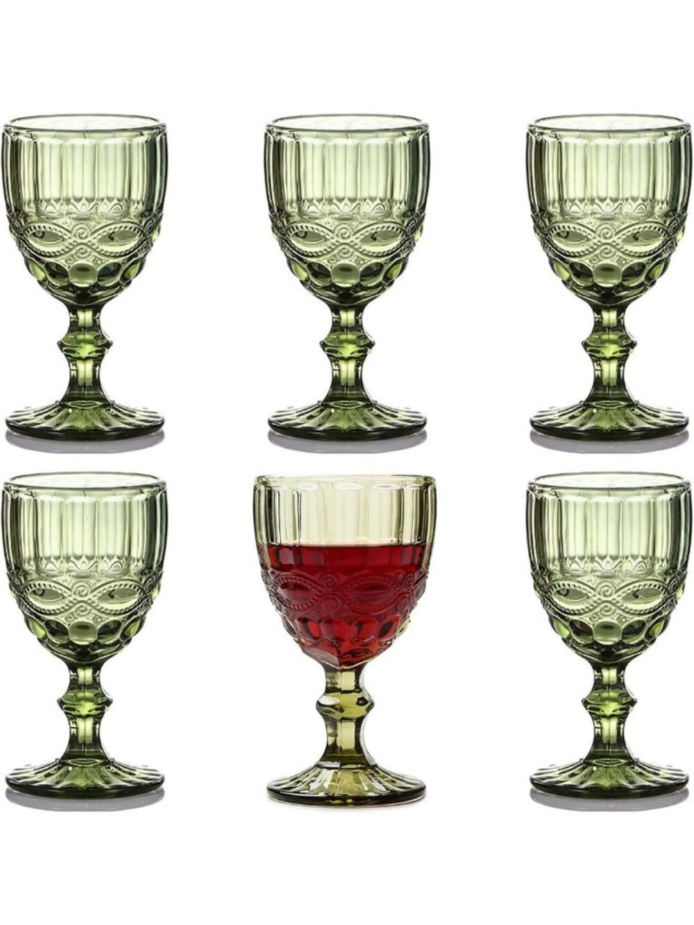 Vintage Green Glass Goblets Set of 6 | Stemmed Drinkware for Weddings & Parties